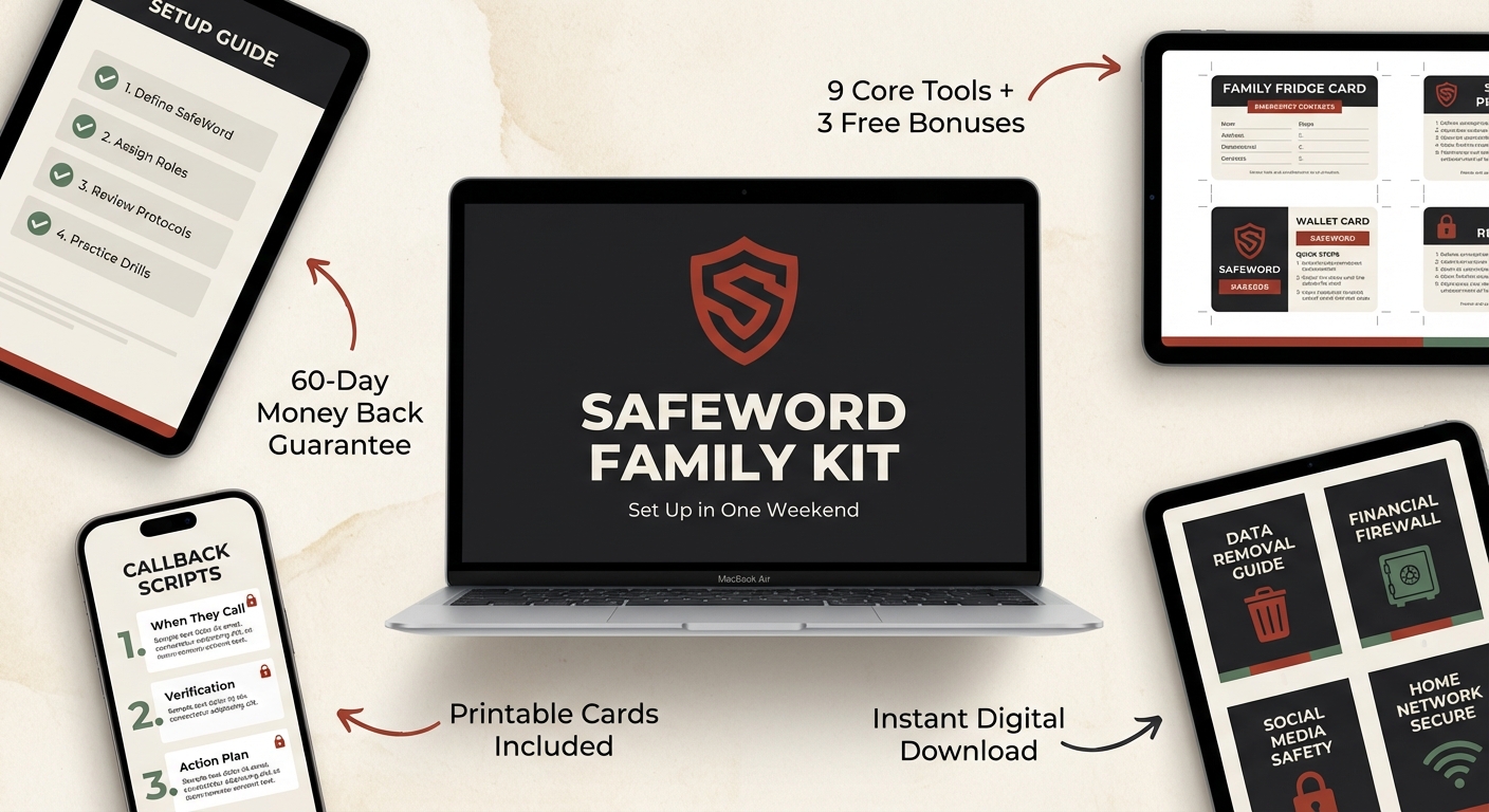 SafeWord Family Kit shown across laptop, tablet, and phone with setup guide, callback scripts, fridge card, and data removal tools